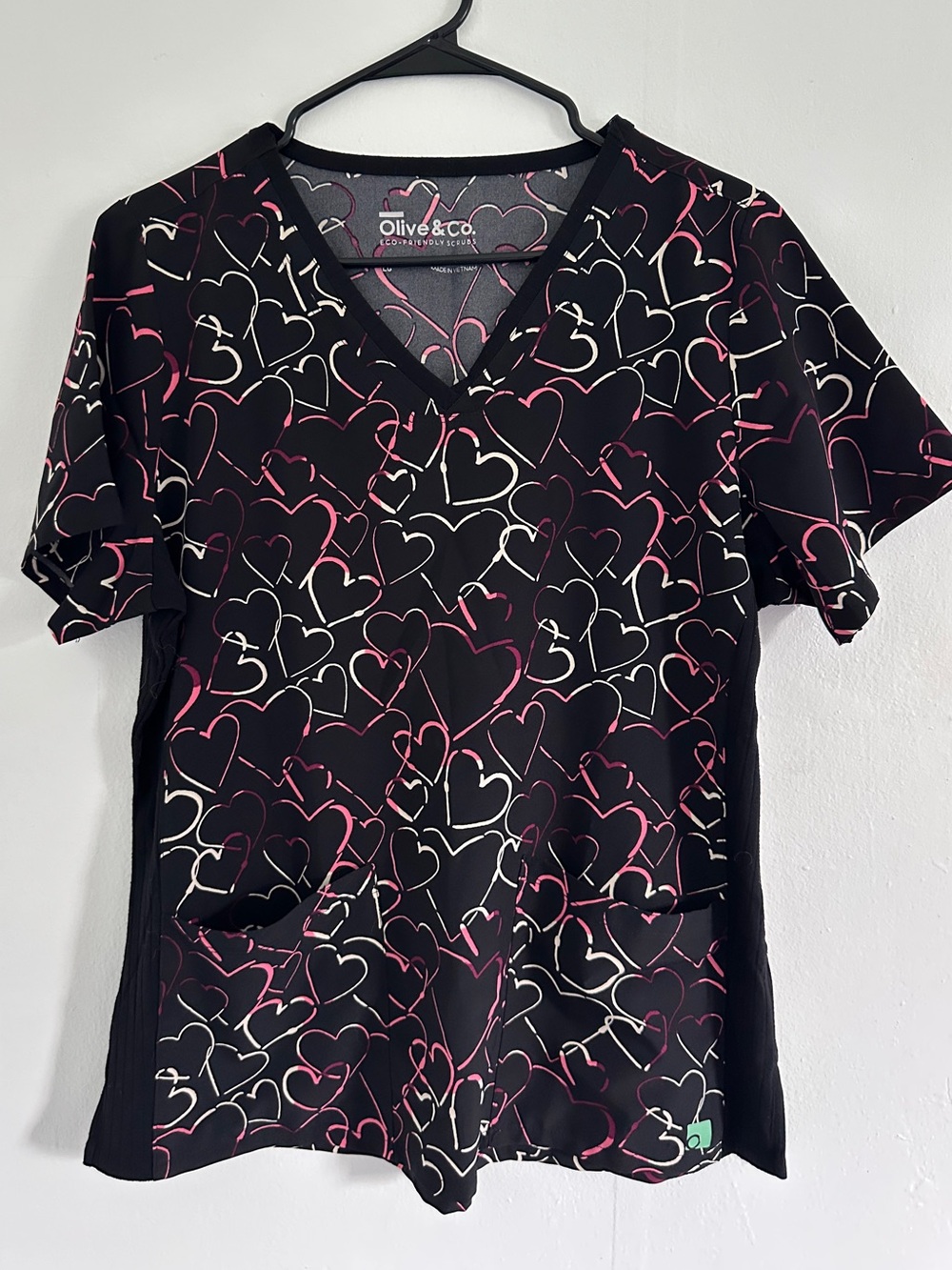 Olive & Co. Black Heart Print V-Neck Scrub Top